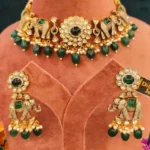 Emerald Green Kundan Elephant Choker/ Necklace Set (Yellow-Gold )- NEC02032307