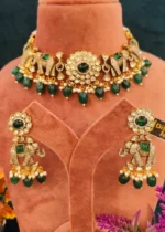 Emerald Green Kundan Elephant Choker/ Necklace Set (Yellow-Gold )- NEC02032307