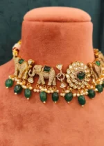 Emerald Green Kundan Elephant Choker/ Necklace Set (Yellow-Gold )- NEC02032307 - Image 2