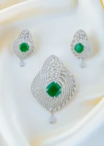 Emerald Green Statement Diamond Pendant Set (Silver) PSET01466