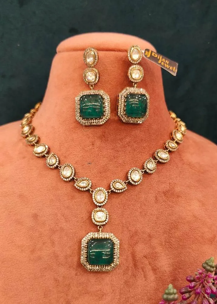 Emerald-Polki-Necklace-Set-Yellow-Gold-Black-Rhodium-NEC000007a Emerald Polki Necklace Set (Yellow-Gold & Black Rhodium)- NEC000007 - Image 1