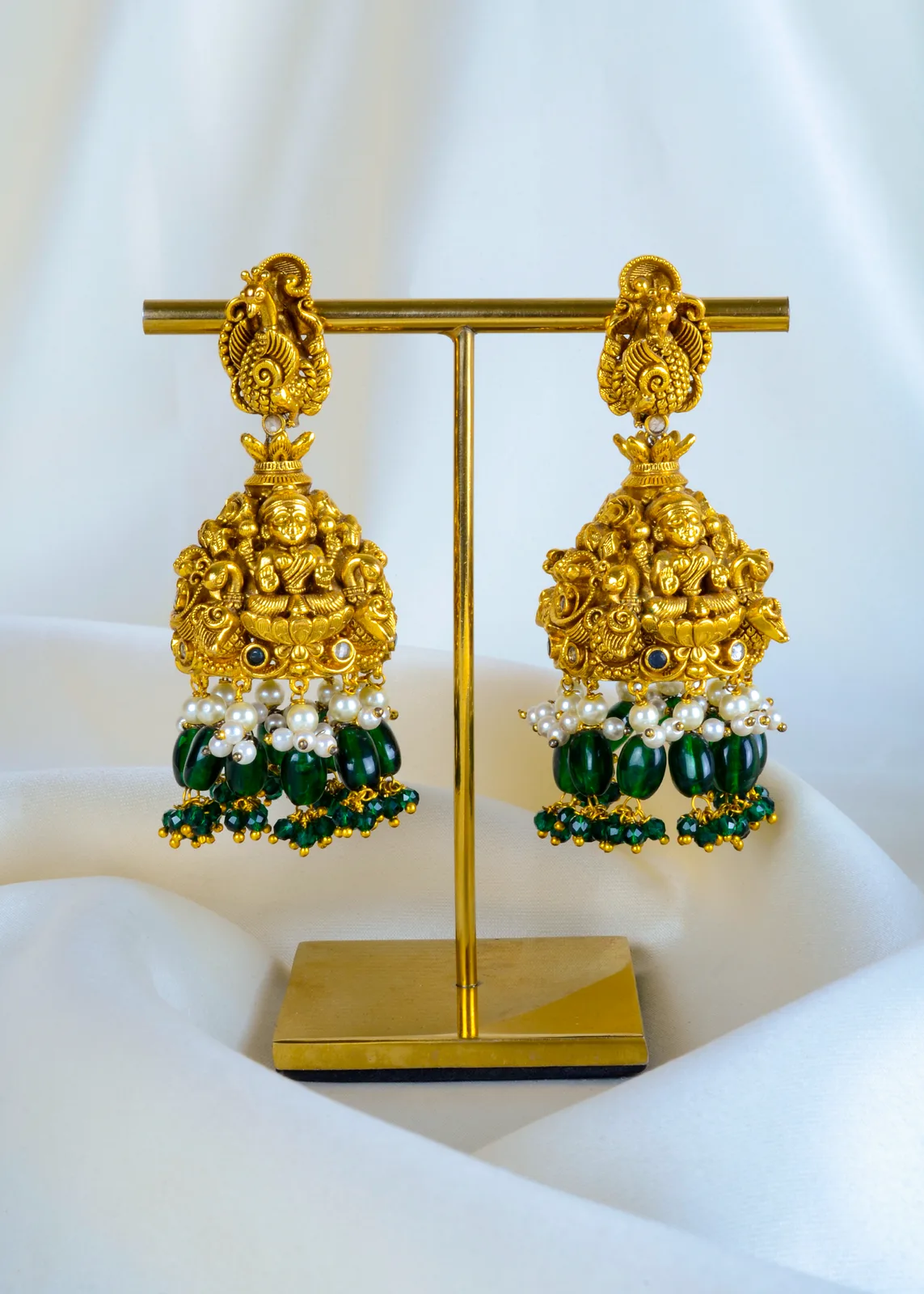 Ethnic-Green-Temple-Jhumka-Antique-Gold-EAR001418a Ethnic Green Temple Jhumka (Antique Gold) EAR001418 - Image 1