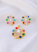 Festive Floral Navratna Pendant Set (Yellow Gold) PSET02382
