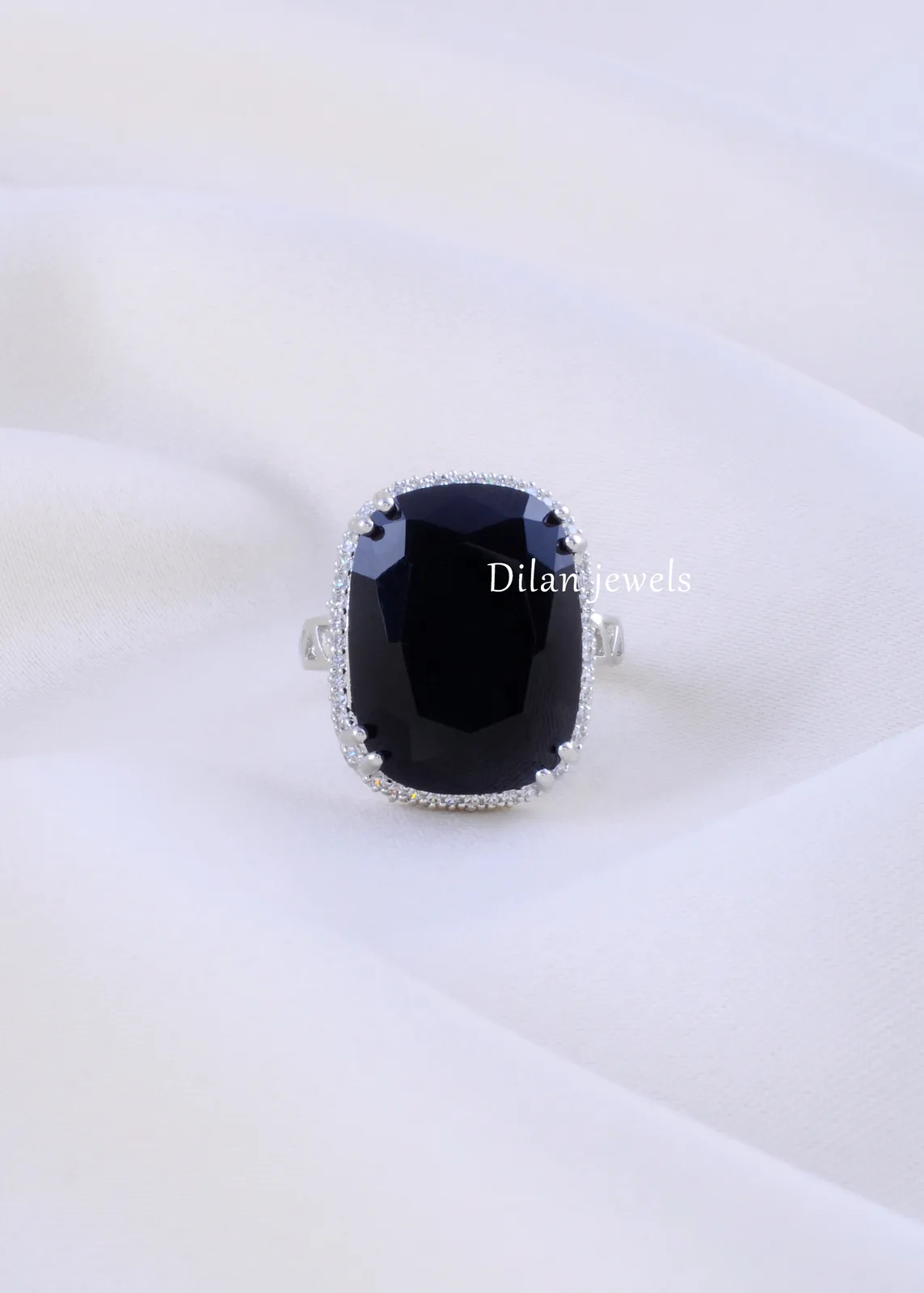 Flexible-Black-Stone-Diamond-Statement-Ring-Silver-RING02360a Flexible Black Stone Diamond Statement Ring (Silver) RING02360 - Image 1
