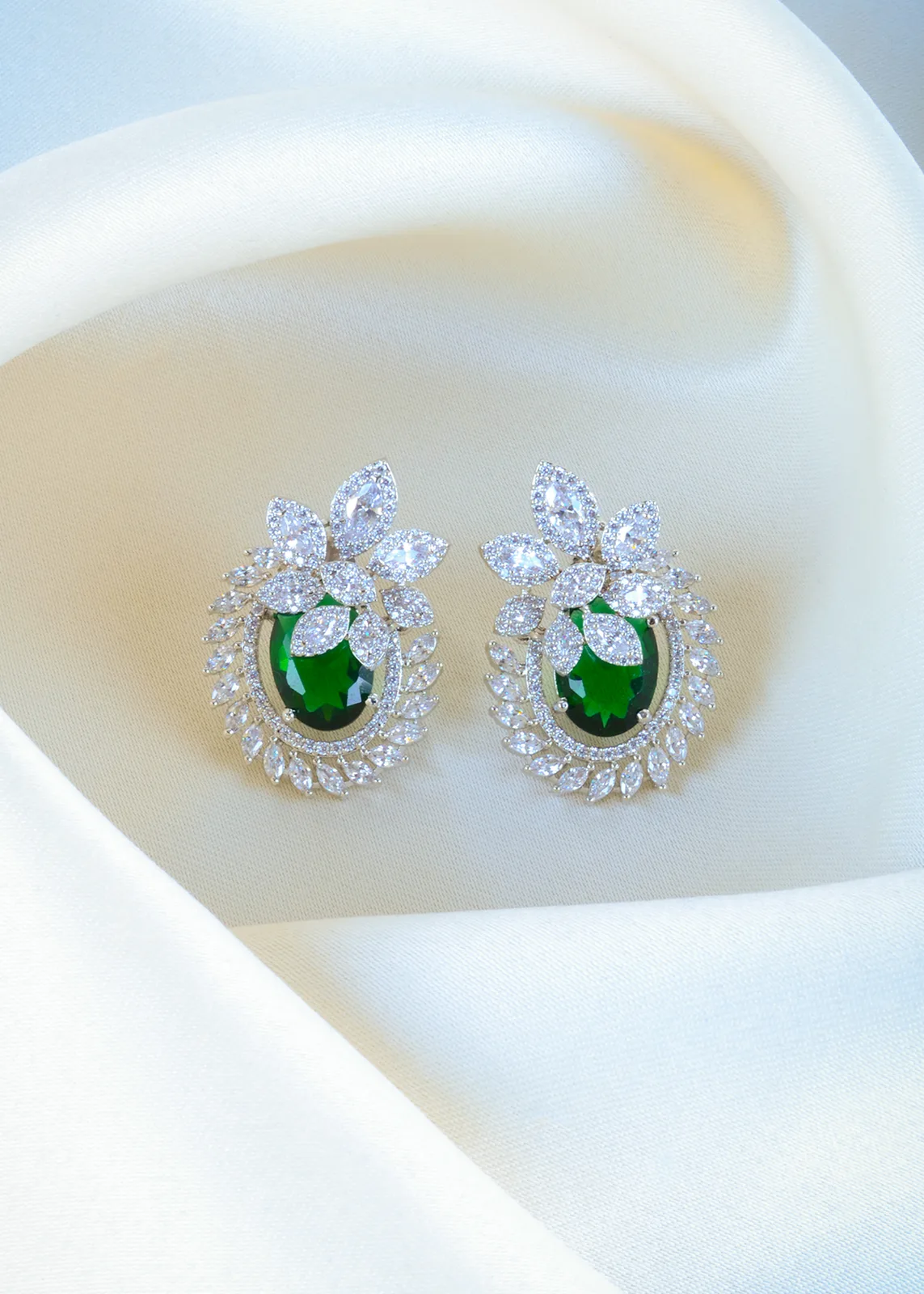 Floral-Emerald-Stud-Earrings-Silver-EAR001160a Floral Emerald Stud Earrings (Silver) EAR001160 - Image 1