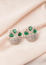Flower Vase Green Earrings (Silver) EAR000763