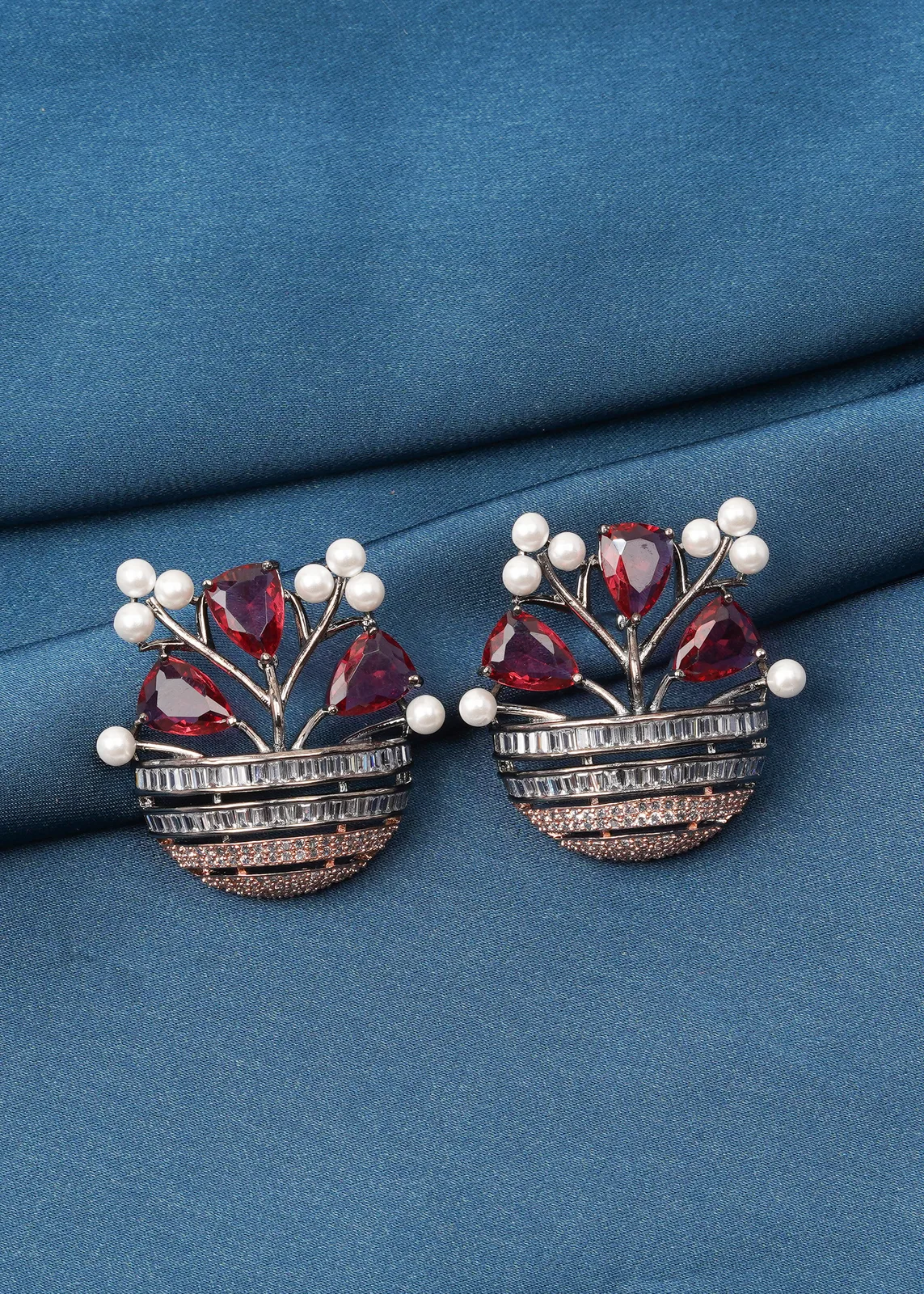 Flower-Vase-Ruby-Earrings-Dual-Plating-EAR000745a Flower Vase Ruby Earrings (Dual Plating) EAR000745 - Image 1
