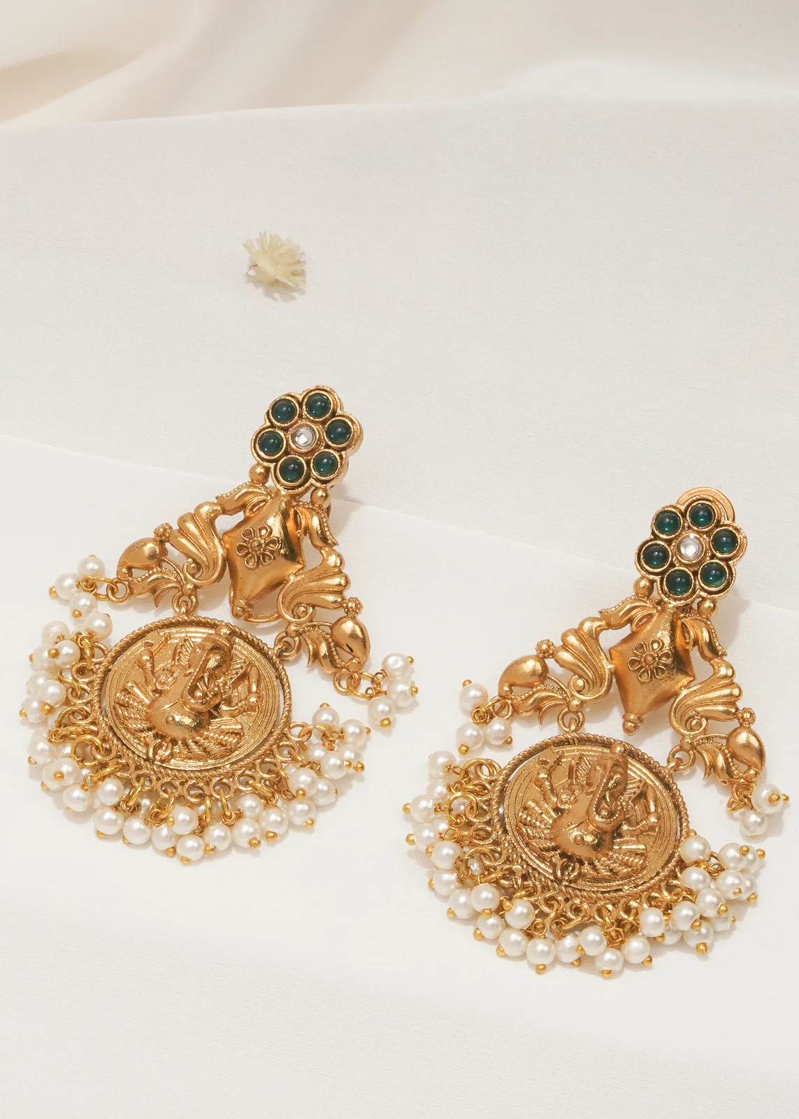 Ganesha-Temple-Green-Earrings-Antique-Gold-EAR000563a Ganesha Temple Green Earrings (Antique Gold) EAR000563 - Image 1