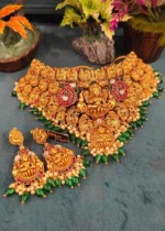Goddess Lakshmi Ruby-Emerald Temple Choker Set- NEC30012317 - Image 3