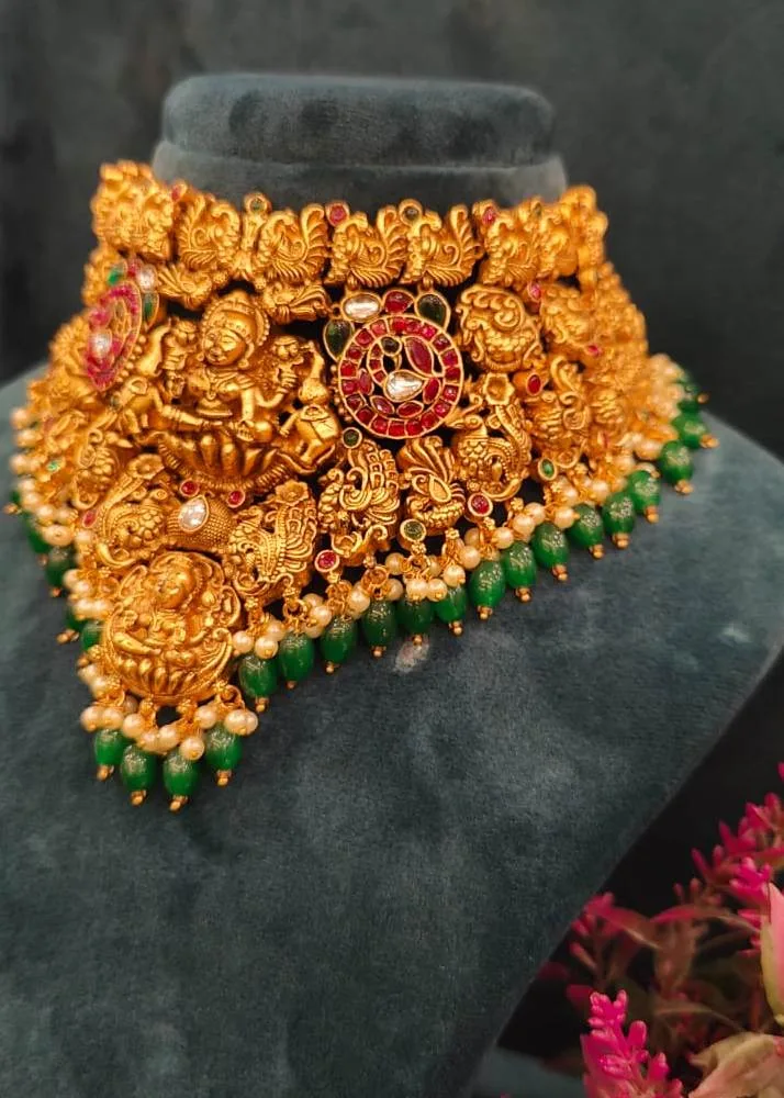 Goddess-Lakshmi-Ruby-Emerald-Temple-Choker-Set-NEC30012317b Goddess Lakshmi Ruby-Emerald Temple Choker Set- NEC30012317 - Image 1