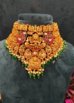 Goddess Lakshmi Ruby-Emerald Temple Choker Set- NEC30012317 - Image 3