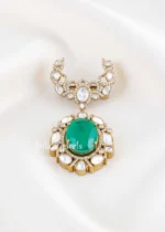Green Antique Gold Plated Kundan Brooch- BRO002776