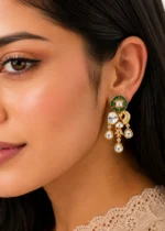 Green Gold Plated Kundan Earrings- EAR002900 - Image 4
