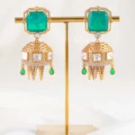 Green Gold Plated Kundan, Traditional, Diamond Earrings- EAR002845