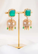 Green Gold Plated Kundan, Traditional, Diamond Earrings- EAR002845 - Image 2