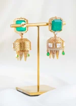 Green Gold Plated Kundan, Traditional, Diamond Earrings- EAR002845 - Image 3