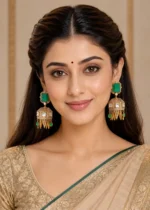 Green Gold Plated Kundan, Traditional, Diamond Earrings- EAR002845 - Image 4