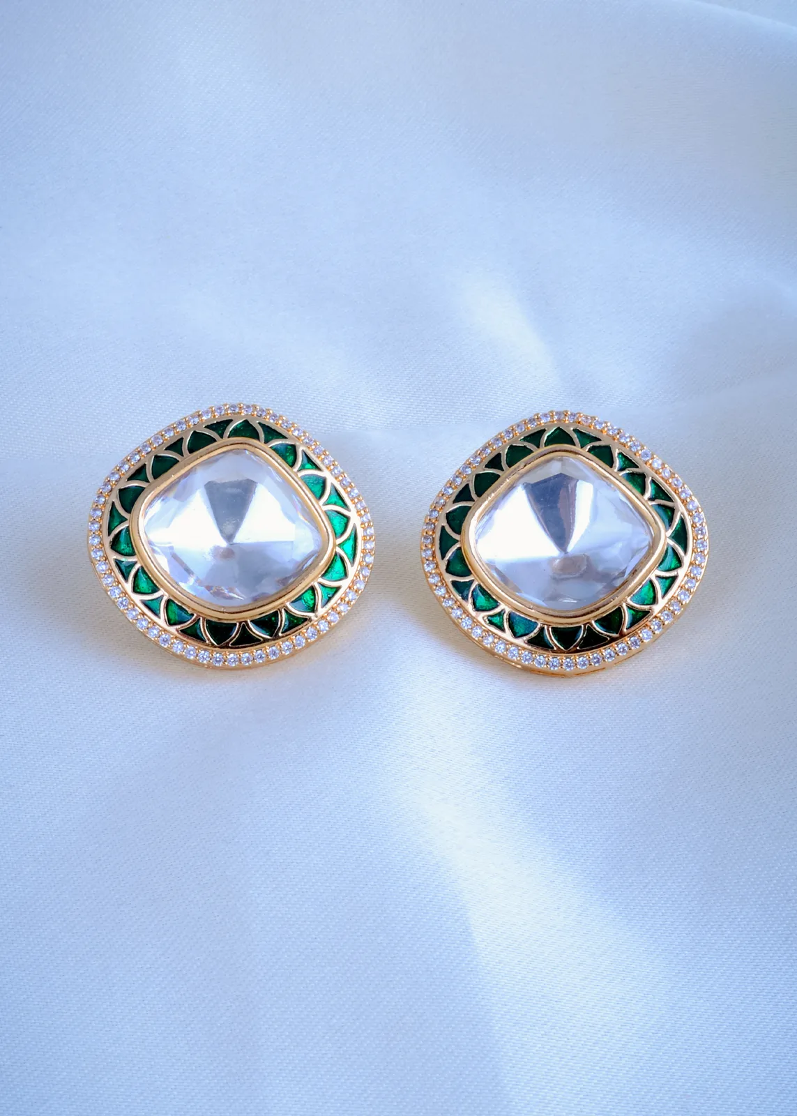Green-Meena-Kundan-Earrings-Yellow-Gold-EAR000847a Green Meena Kundan Earrings (Yellow Gold) EAR000847 - Image 1