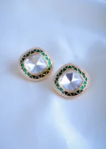Green Meena Kundan Earrings (Yellow Gold) EAR000847 - Image 2