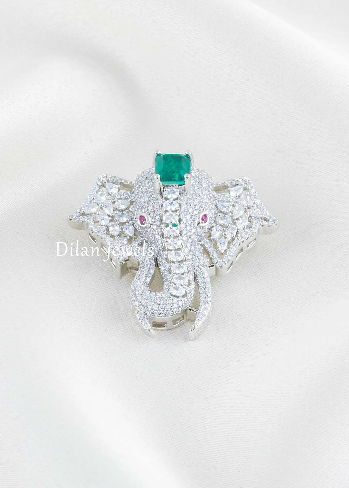 Green-Silver-Plated-Diamond-Brooches-BRO002778 Green Silver Plated Diamond Brooch- BRO002778 - Image 1
