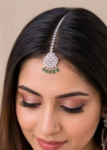 Green Silver Plated Diamond Maangtika- ACC002812 - Image 4