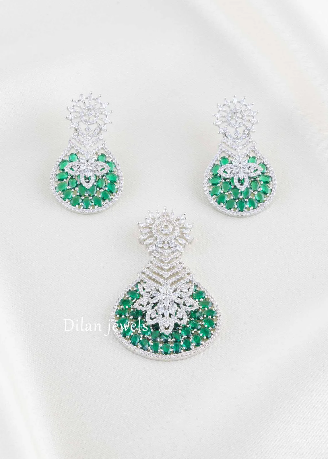 Green-Silver-Plated-Diamond-Pendant-Set-PSET02823 Green Silver Plated Diamond Pendant Set- PSET02823 - Image 1