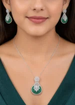 Green Silver Plated Diamond Pendant Set- PSET02823 - Image 4