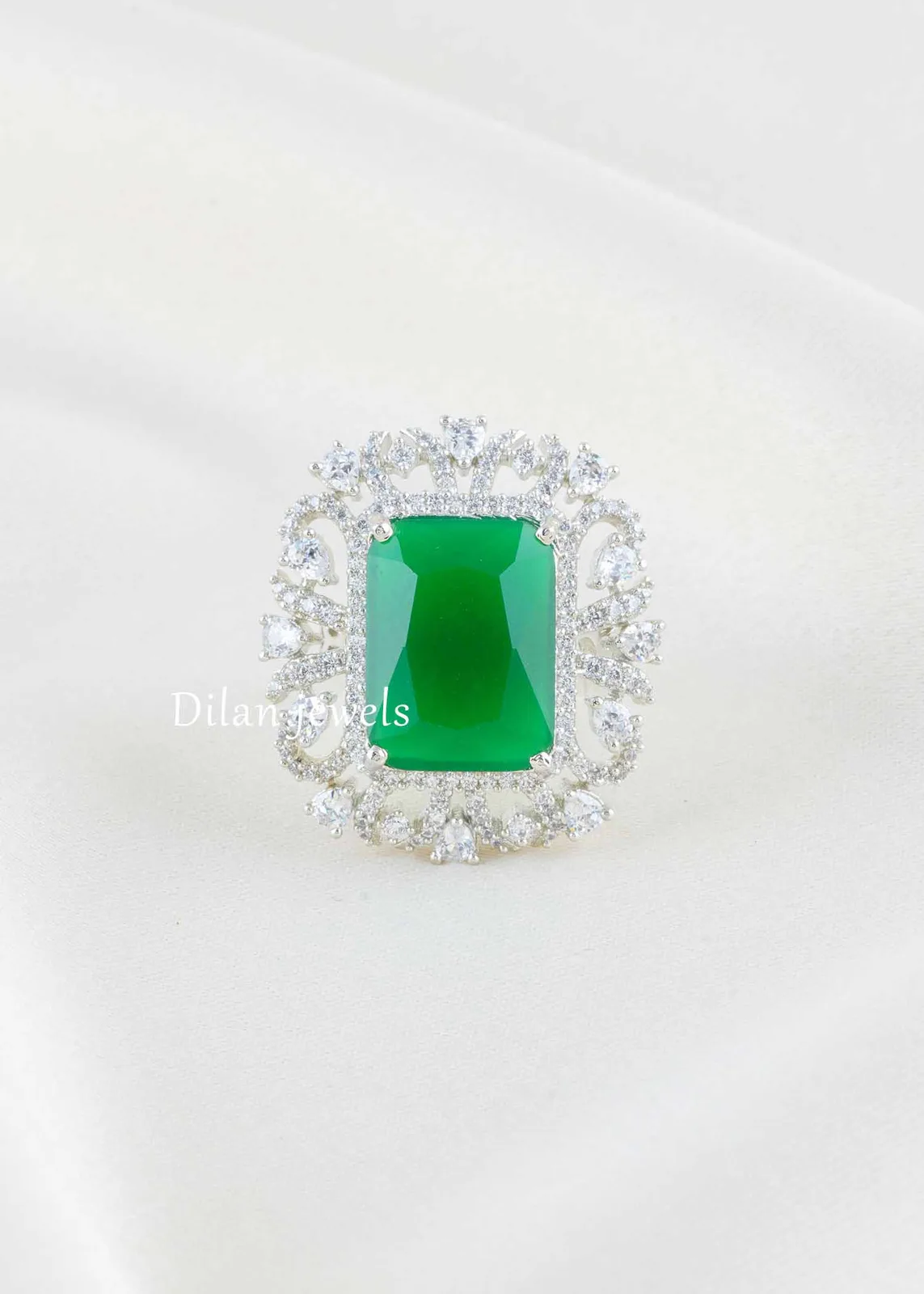 Green-Silver-Plated-Diamond-Ring-RING02829 Green Silver Plated Diamond Ring- RING02829 - Image 1