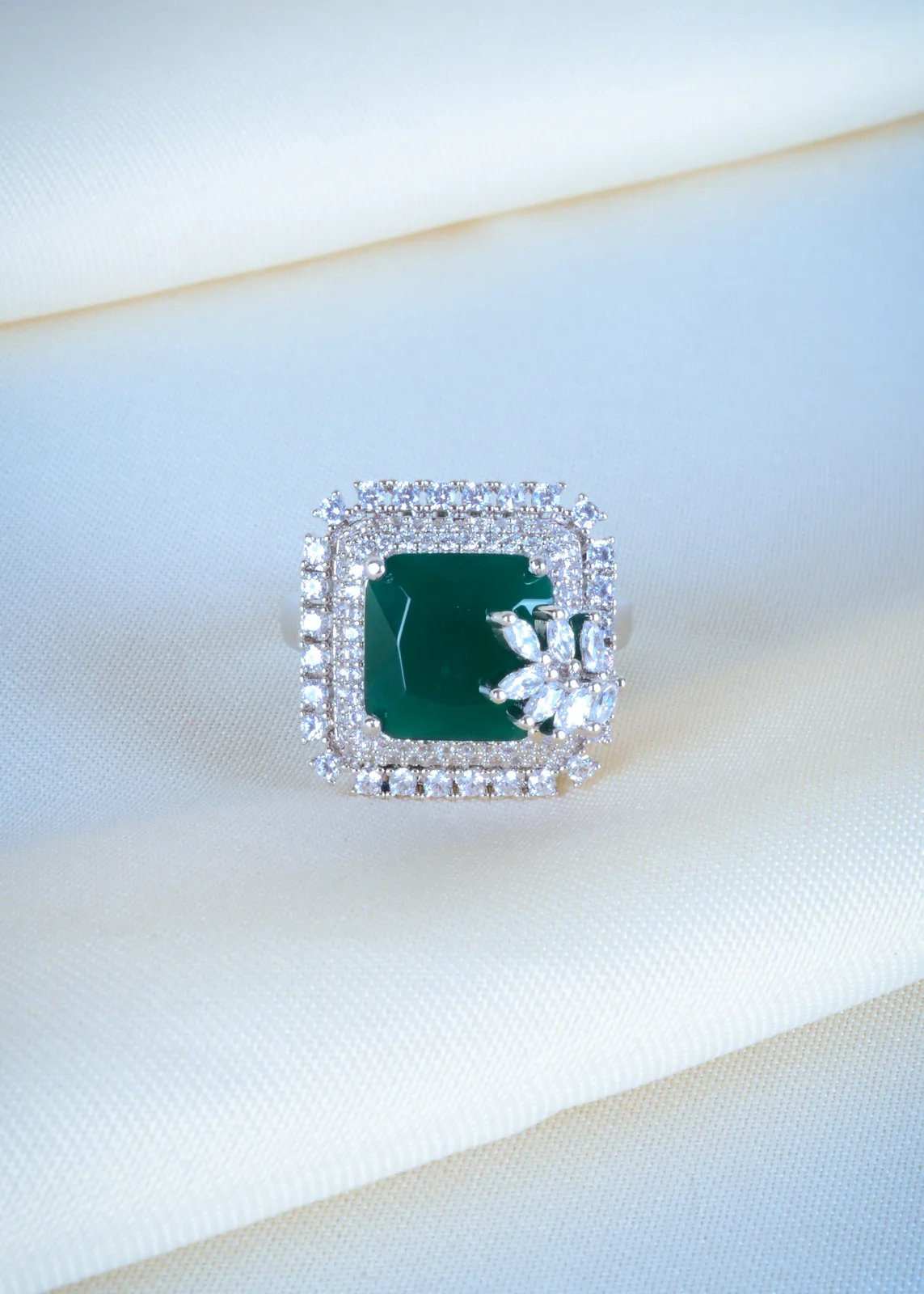 Green-Square-Cocktail-Ring-Silver-RING01202a Green Square Cocktail Ring (Silver) RING01202 - Image 1
