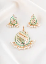 Green Stone Filigree Pearl Chandelier Pendant (Yellow Gold) PSET02475