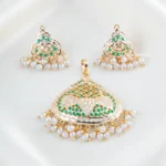 Green Stone Lattice Pendant with Pearl Drops (Yellow Gold) PSET02472