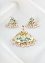 Green Stone Lattice Pendant with Pearl Drops (Yellow Gold) PSET02472