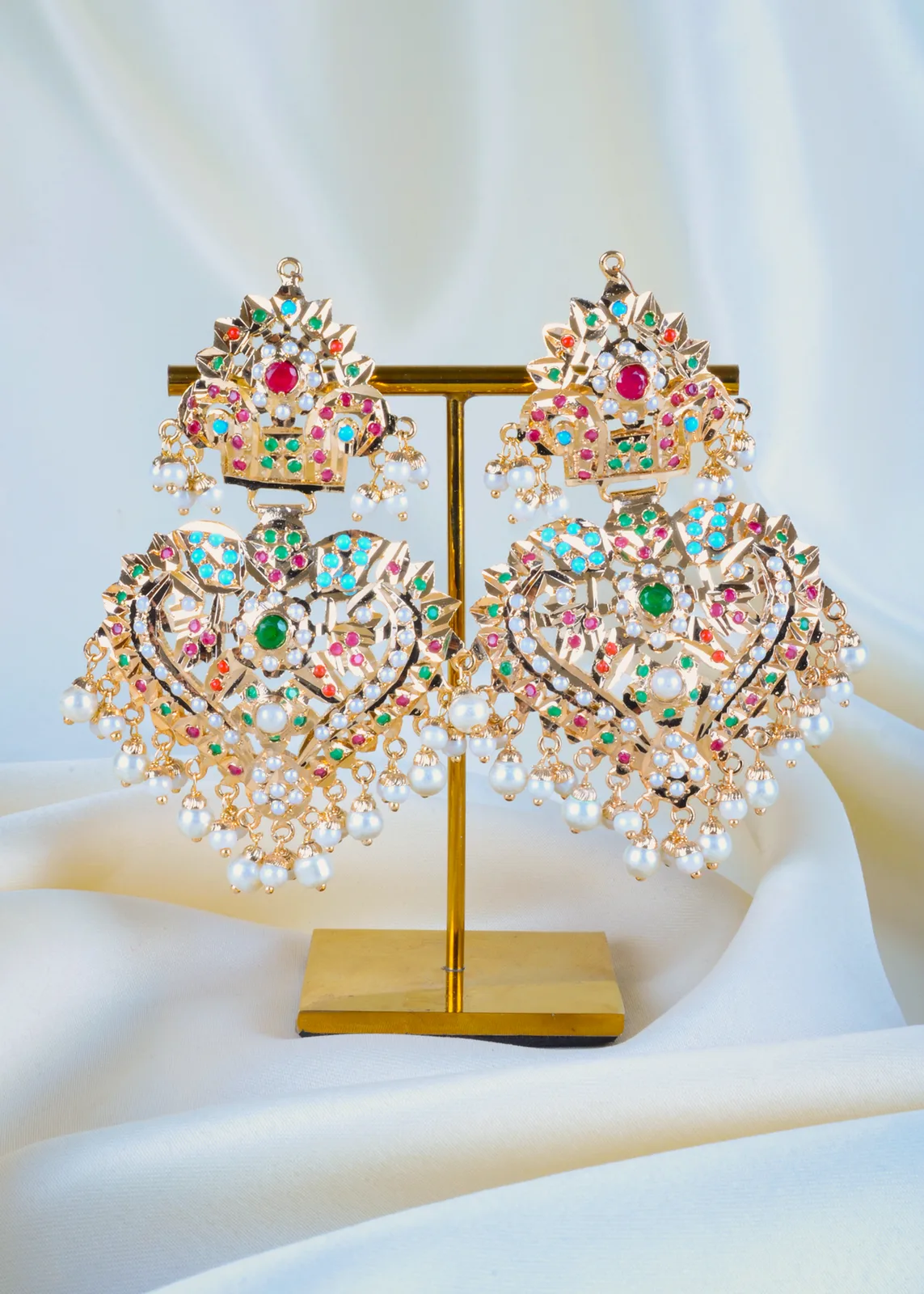 Jadau-Paan-Navratna-Earrings-Yellow-Gold-EAR001326a Jadau Paan Navratna Earrings (Yellow Gold) EAR001326 - Image 1
