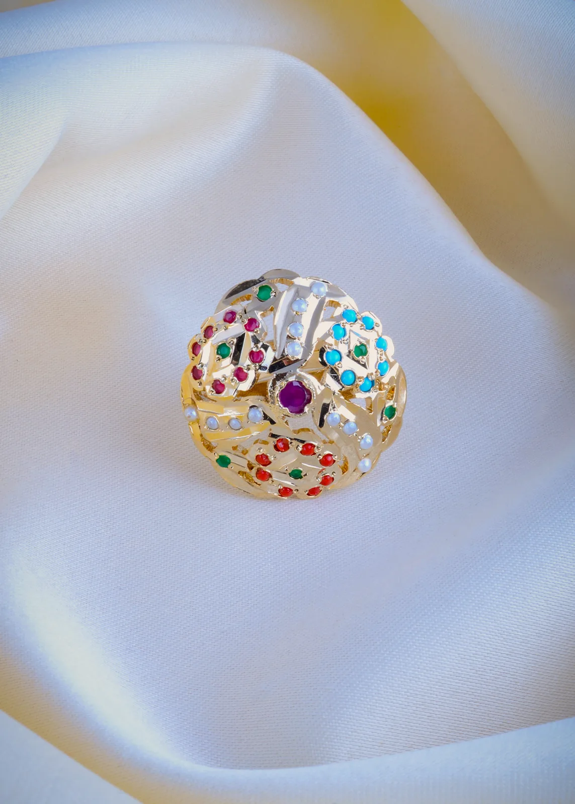 Jadau-Pearl-Navratna-Adjustable-Ring-Yellow-Gold-RING01049a Jadau Pearl Navratna Adjustable Ring (Yellow Gold) RING01049 - Image 1