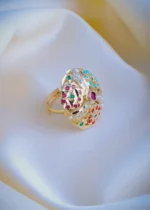 Jadau Pearl Navratna Adjustable Ring (Yellow Gold) RING01049 - Image 2