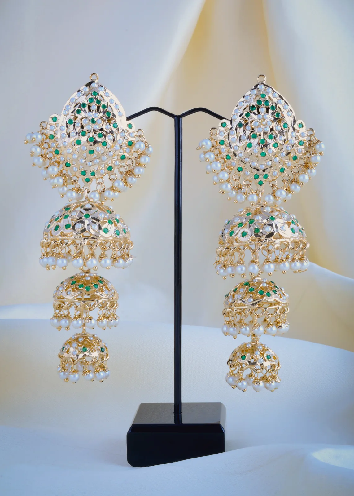 Jadau-Triple-Jhumka-Green-Earrings-Yellow-Gold-EAR000918a Jadau Triple Jhumka Green Earrings (Yellow Gold) EAR000918 - Image 1