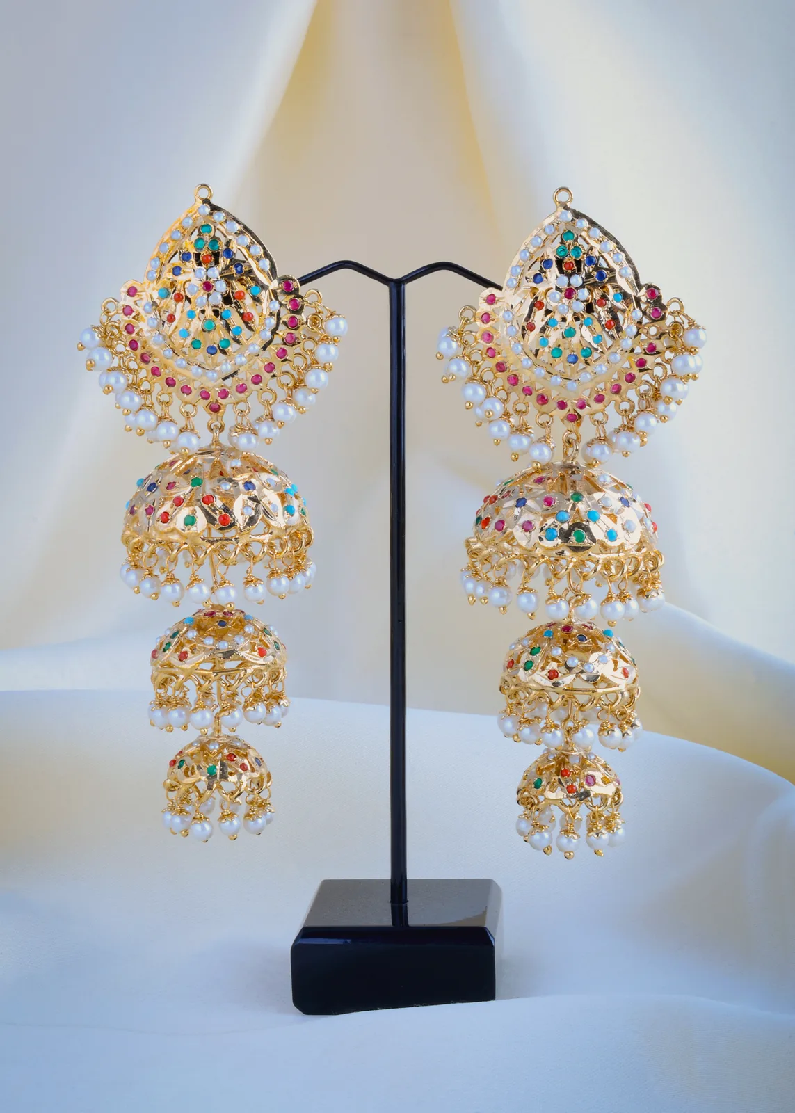 Jadau-Triple-Jhumka-Navratna-Earrings-Yellow-Gold-EAR000916a Jadau Triple Jhumka Navratna Earrings (Yellow Gold) EAR000916 - Image 1