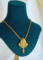 Krishna Polki Green Locket Set With Chain (Antique Gold) NEC001428 - Image 3