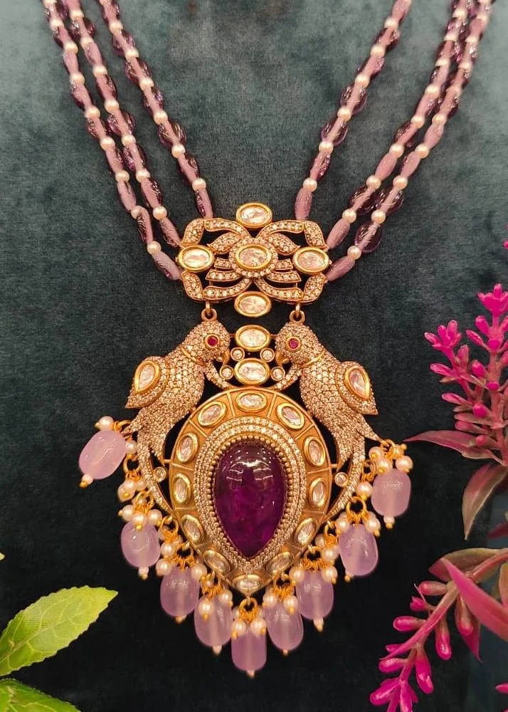 Kundan-Love-Birds-Amethyst-Necklace-Set-Yellow-Gold-NEC02032304a Kundan Love Birds Amethyst Necklace Set (Yellow-Gold)- NEC02032304 - Image 1