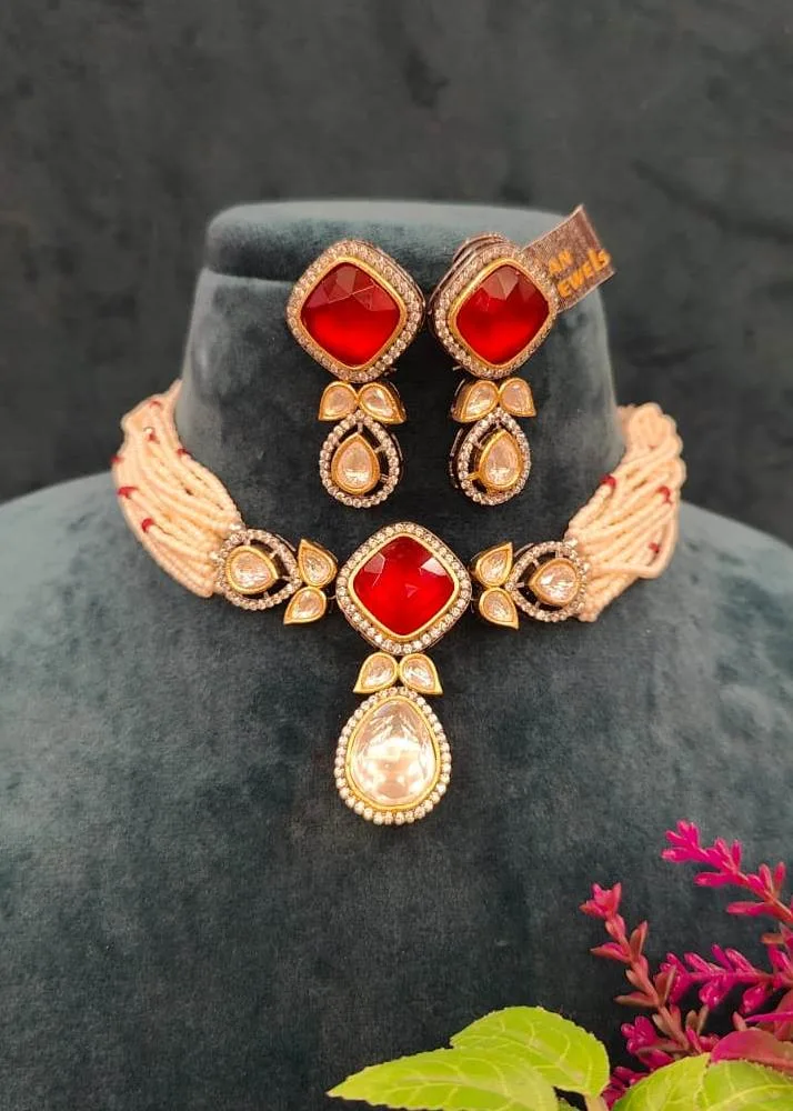 Kundan-Polki-Pearl-Choker-Set-Black-Rhodium-NEC02032305a Kundan Polki & Pearl Choker Set (Black- Rhodium)- NEC02032305 - Image 1