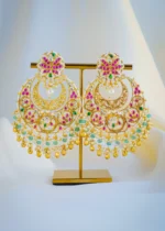 Kundan Red Green Chandbali Earrings (Yellow Gold) EAR001018