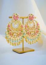 Kundan Red Green Chandbali Earrings (Yellow Gold) EAR001018 - Image 2