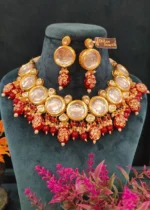 Kundan- Ruby Choker/  Necklace Set (Yellow-Gold)- NEC07012308