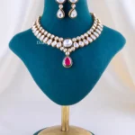 Kundan Ruby Teardrop Necklace Set (Yellow Gold) NEC002411