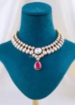 Kundan Ruby Teardrop Necklace Set (Yellow Gold) NEC002411 - Image 2