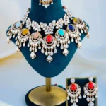 Moissanite Polki Navratna Necklace Set (Yellow Gold) NEC000808