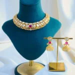 Moissanite Polki Ruby Jhumki Necklace Set (Yellow Gold) NEC001085