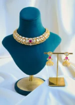 Moissanite Polki Ruby Jhumki Necklace Set (Yellow Gold) NEC001085