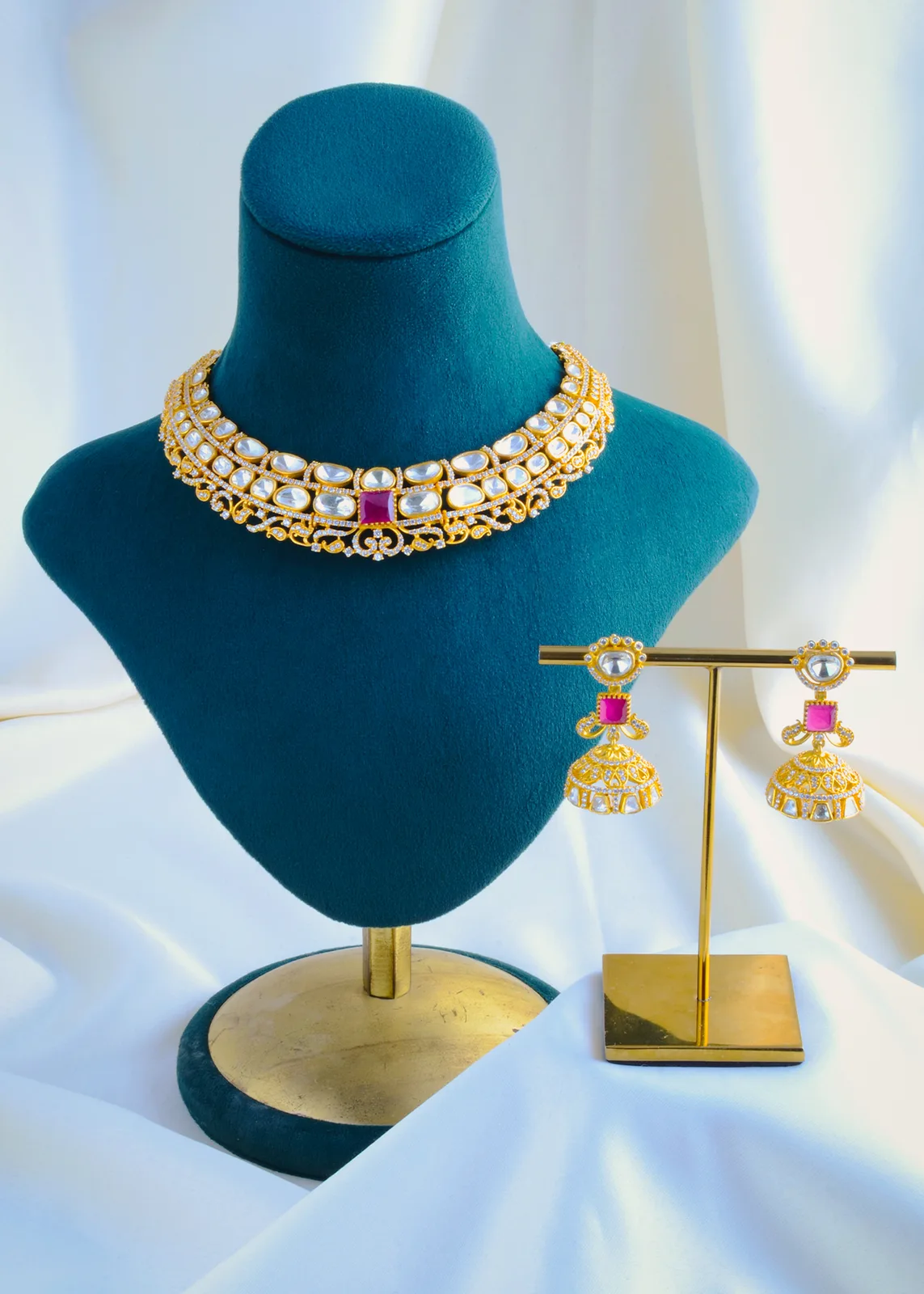 Moissanite-Polki-Ruby-Jhumki-Necklace-Set-Yellow-Gold-NEC001085a Moissanite Polki Ruby Jhumki Necklace Set (Yellow Gold) NEC001085 - Image 1