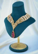 Moissanite Polki V Neck Ruby Set (Yellow Gold) NEC001089 - Image 2